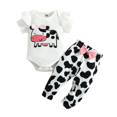 

Rovga Girls Outfit Sets Autumn Baby Girls Boys Cute Clothes Sets Cow Printing Short Sleeve Ribbed Bow Romper Pants Set Baby Chothing Suit