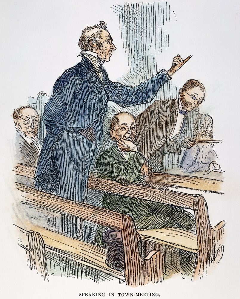 Town Meeting, 19Th Century. /Na Speaker Making His Point At A 19Th