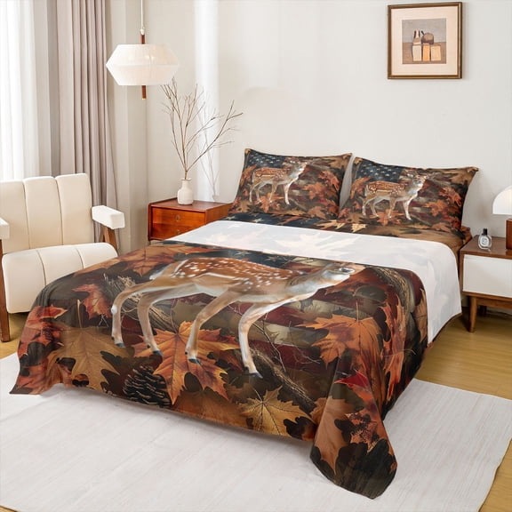 Feelyou Rustic Deer Animal Full Size Sheets, Retro American Flag Bed Sheets, 4 Pieces