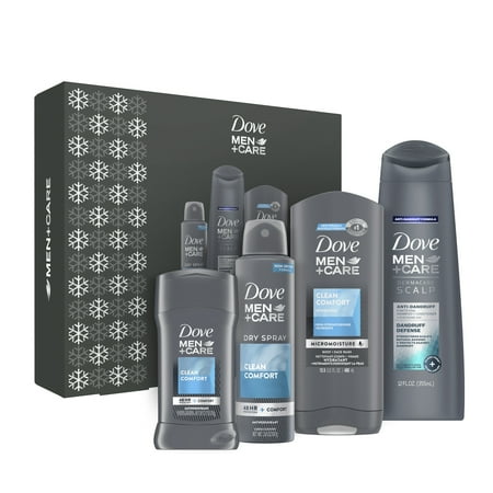 ($22 Value) Dove Men+Care Clean Comfort Holiday Gift Set (Dry Spray Antiperspirant, Shampoo+Conditioner, Body+Face Wash, Antiperspirant Stick) 4 Ct