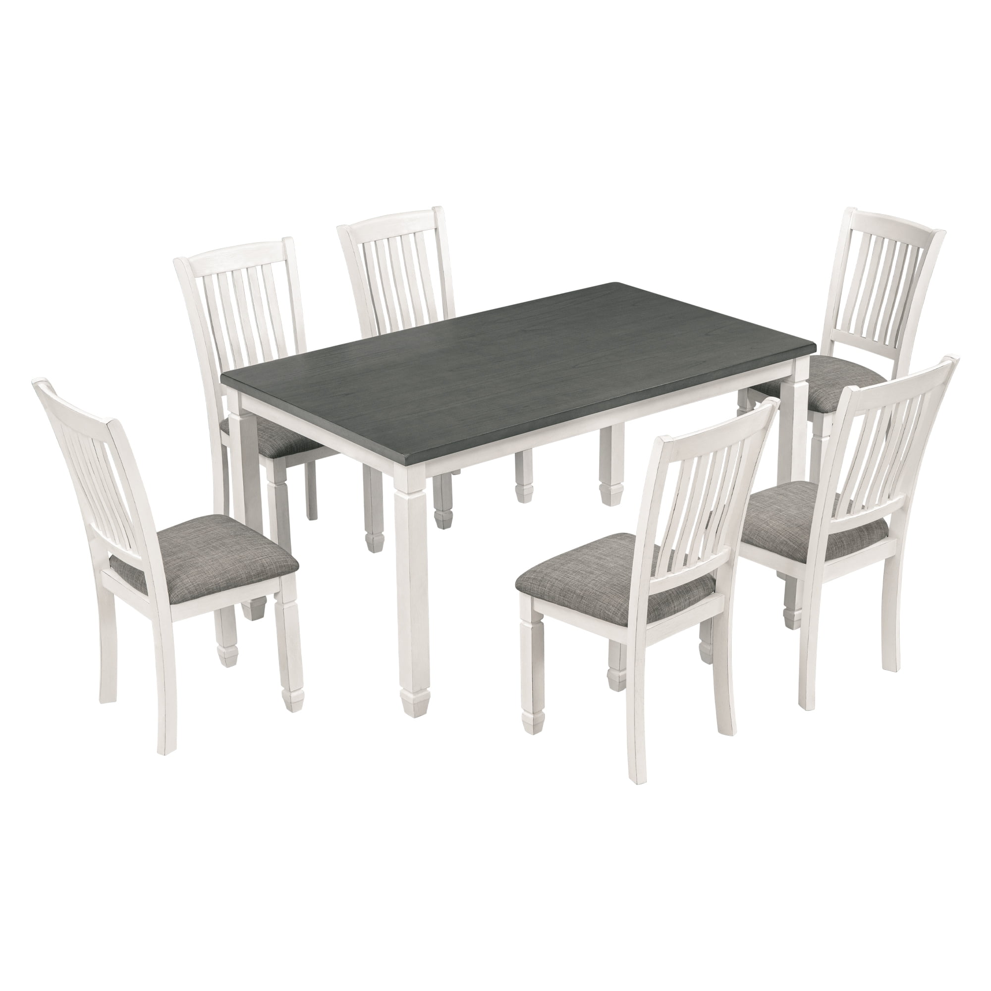 Harper & Bright Designs 7-Piece Dining Table Set Wood Dining Table and 6 Upholstered Chairs with Shaped Legs for Dining Room/Living Room Furniture (Gray+White)