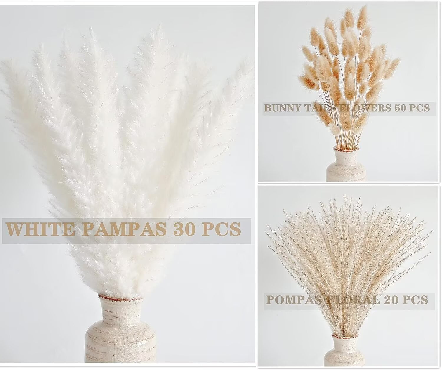 Pakyozj Natural Dried Pampas Grass Decor, White Pampas Grass， Bunny Tails Dried Flowers, Reed Grass Bouquet for Wedding Boho Flowers Home Table Decor, Rustic Farmhouse Party