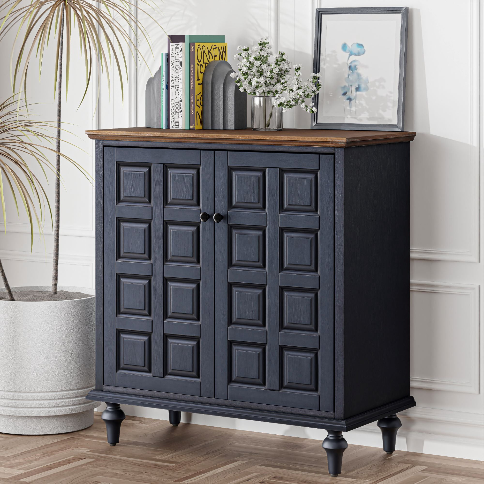 COZAYH Vintage 2 Door Storage Cabinet, Plaid Pattern, Dark Blue