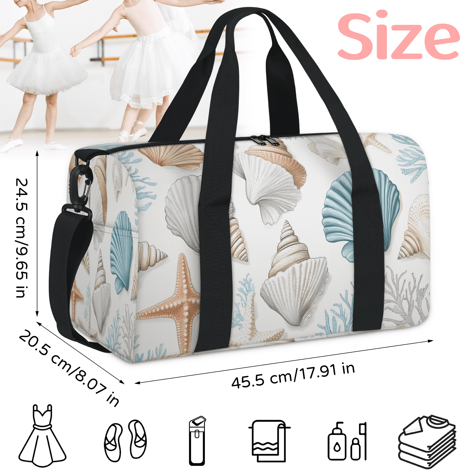 Herdesigns Nautical Coastal Gym Bag for Women, Starfish Seashell Coral Duffle Bag for Travel Sport, Lightweight Waterproof Carry on Weekender Overnight Dance Yoga Workout Bags