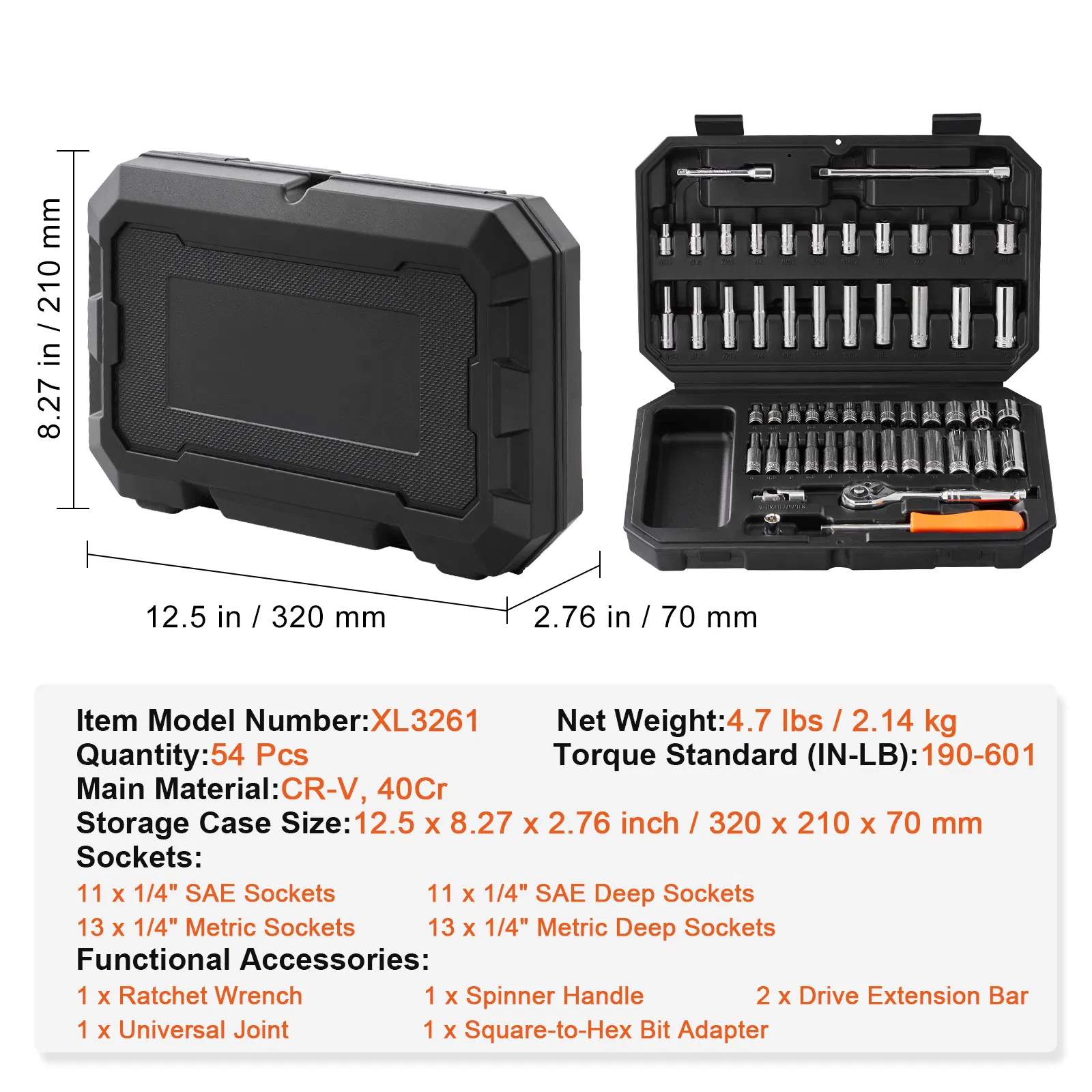 54-Piece Socket Set with 1/4 Inch Drive Ratchet,6-Point Deep&Standard Sockets(SAE&Metric),Includes Accessories&Storage Case