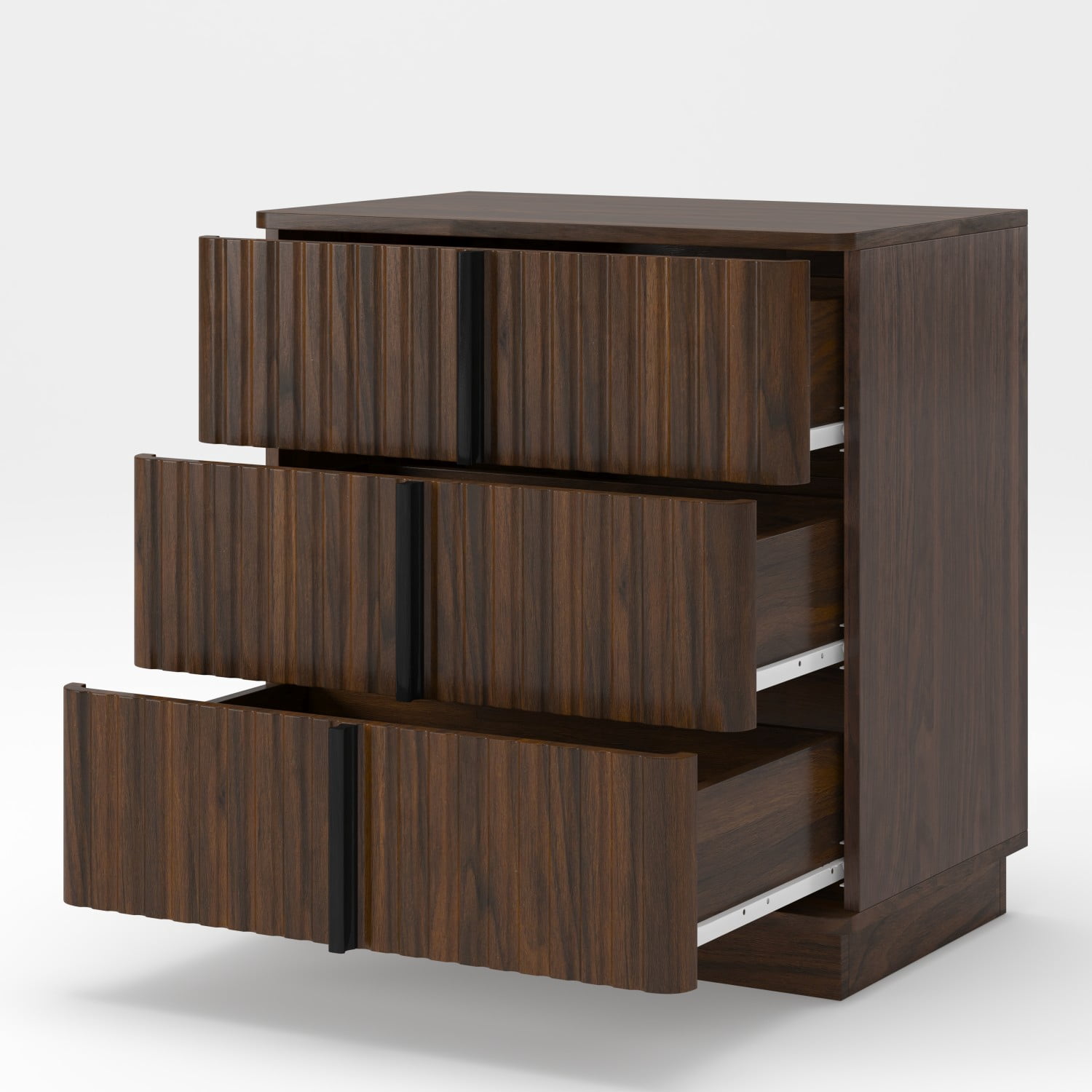 Set of 2 Vintage 3 Drawer Nightstands with Vertical Stripe Design, Modern Bedside Tables, Retro Storage Cabinets, End Tables for Bedroom, Living Room & Home Office, Walnut