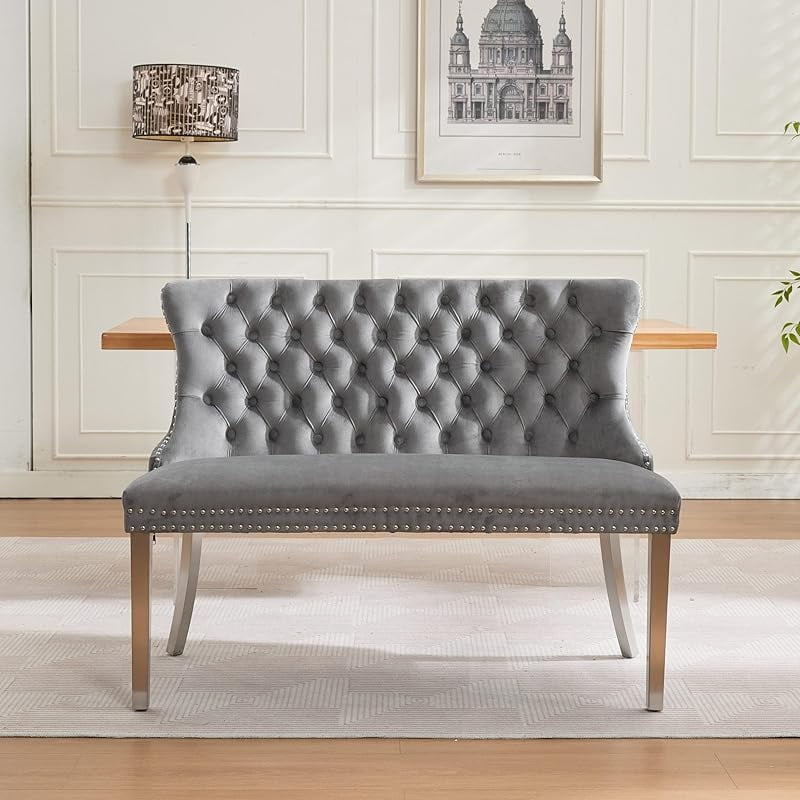 Modern Velvet Double Dining Loveseat Bench, 2 - Seat Tufted Wingback Bench with Handmade Buttons, Gold - Plated Steel Legs, Upholstered Armless Dining & Living Room Seating
