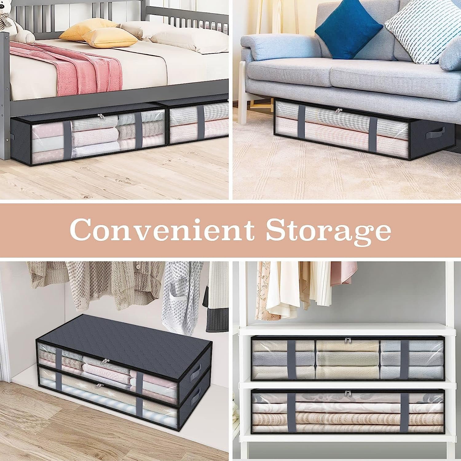 6 Pack Under Bed Storage Bags, Clothes Storage With Durable Handles,Large Capacity Storage Bins,Foldable Storage Organizers For Clothes,Bedding and Toys-Grey