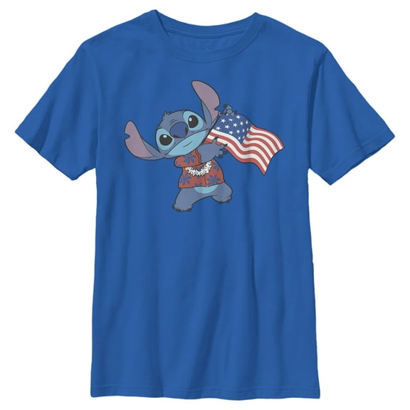 Boy's Lilo & Stitch Tropical American Flag  Graphic Tee Royal Blue Medium