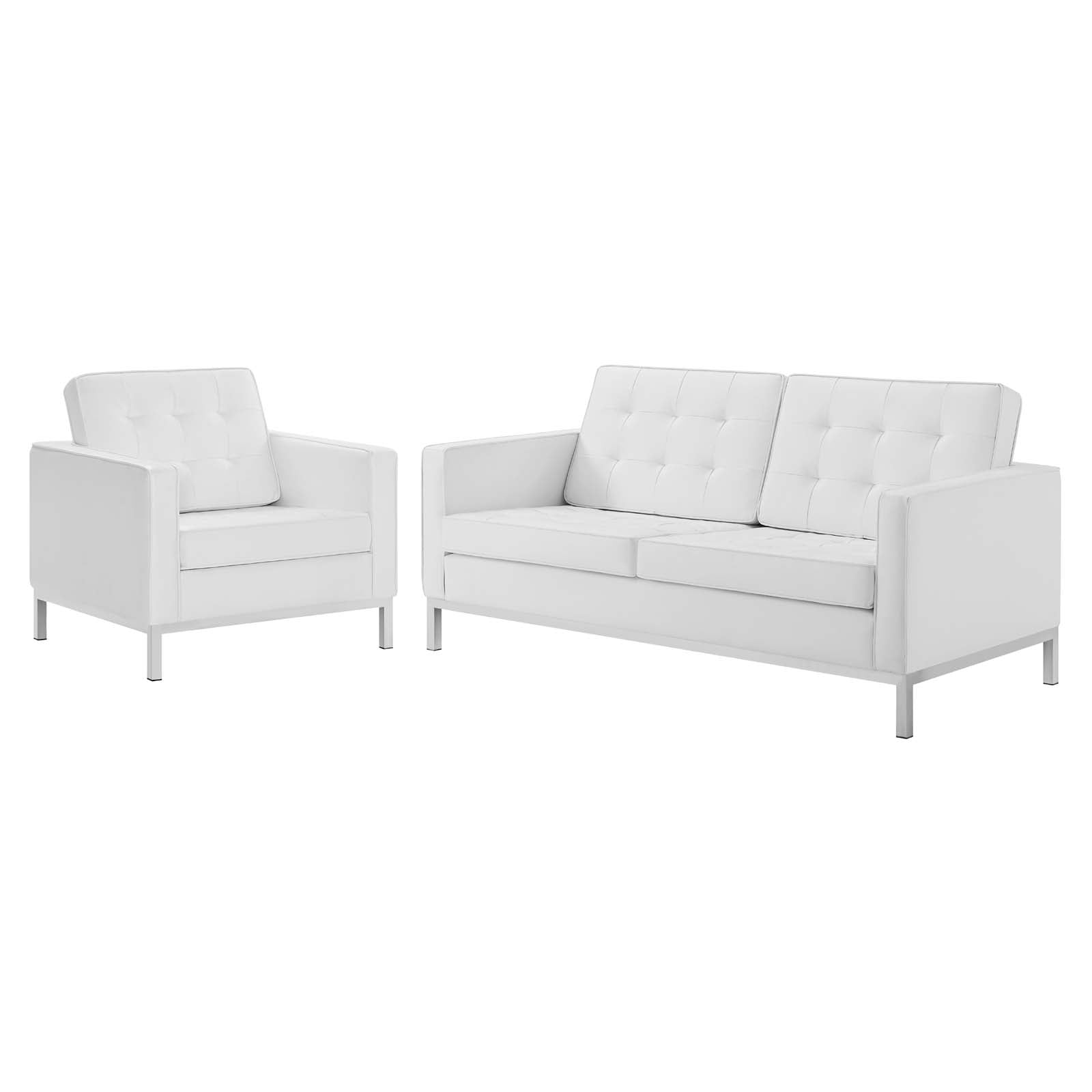 Tufted Armchair and Loveseat Sofa Set, Faux Leather, Silver White