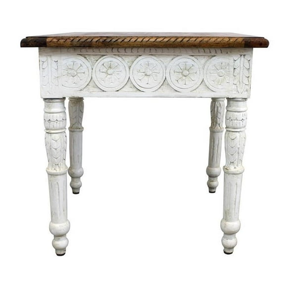 Pemberly Row Solid Wood Hand Carved End Table with Brown Top and Ivory Base