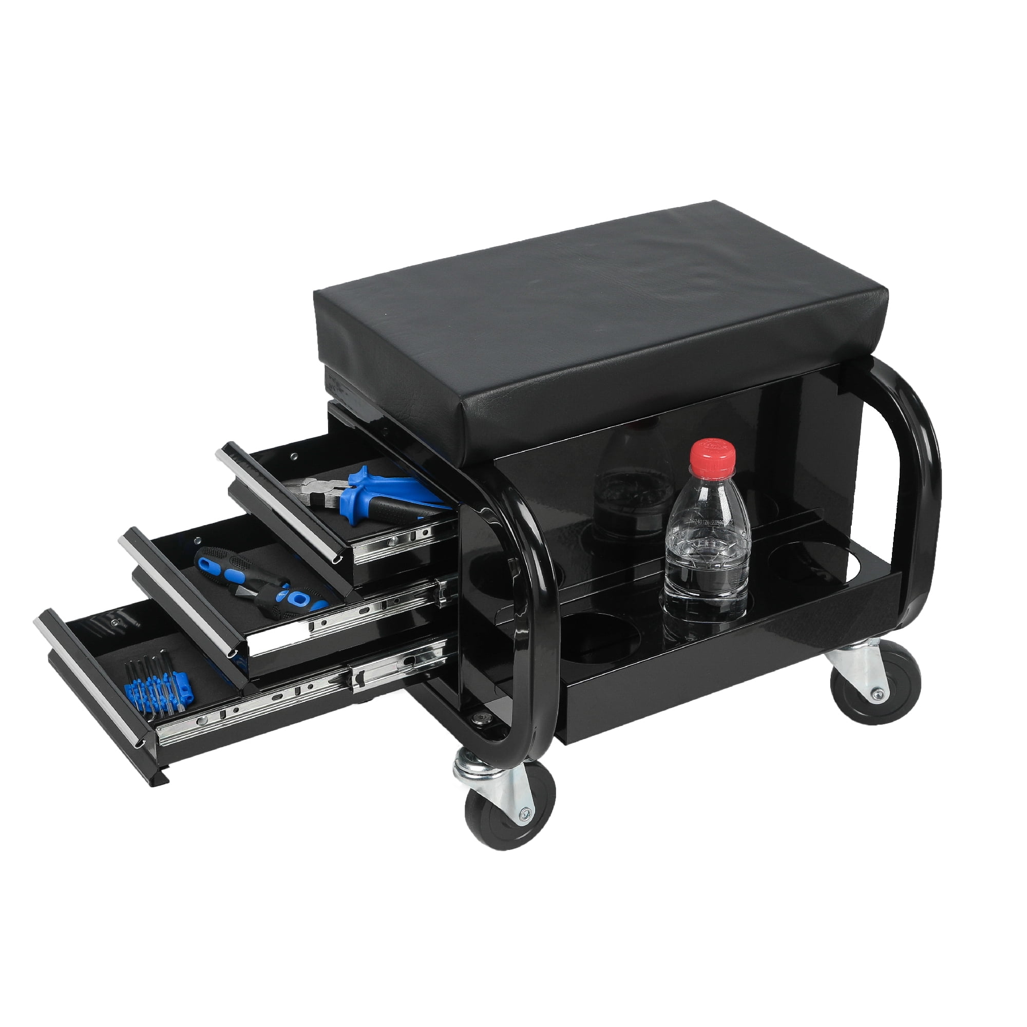 Leumius Rolling Creeper Garage/Shop Seat with Three Built-in Drawers, Rolling Tool Chest, Soft Padded Vinyl Seat, 350lb Capacity, 360° Swivel Casters, Black