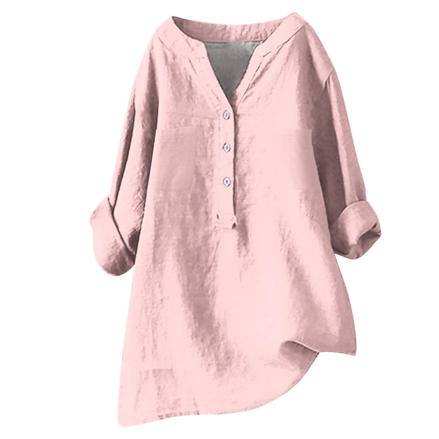 ICHUANYI Clearance Women's Summer Casual Long Sleeve Blouse V Neck Solid Tops T-Shirt(Pink, XXL) ICHUANYI WER2023081013122