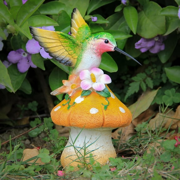 Hummingbird on Mushroom Statue - Perfect for Garden, Backyard, Patio & Home Decor, Bird Sculpture Figurine