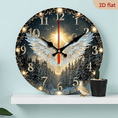 2D Flat 1pc 10Inch Silent Wooden Round Wall Clock with Vintage Angel Wings Design Farmhouse Home Decor for Kitchen, Bedroom, Office Easy Read, No Tick, AA Battery Operated (Not Included)