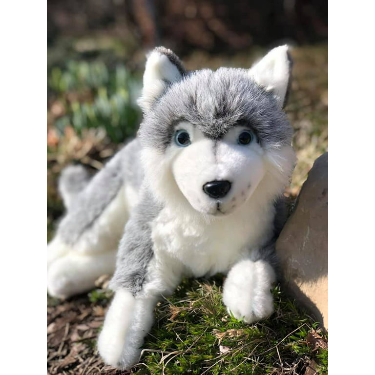 Plush Grey Husky Dog with Zippered Pouch for Its 2 Little Plush Baby Dogs Puppies - Plushlings Collection Soft Stuffed Animal Playset, Gray