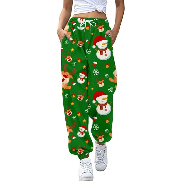 Gibobby pantalones deportivos Mujer Otoño e Invierno Casual moda Navidad divertido impreso cintura elástica pantalones deportivos pantalones casuales (Verde, S)