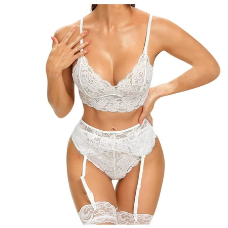 

XHJUN Lingerie Set for Women Babydoll Lingerie Sheer Floral Lace Cut Out Underwire Bra with Panty Set White S