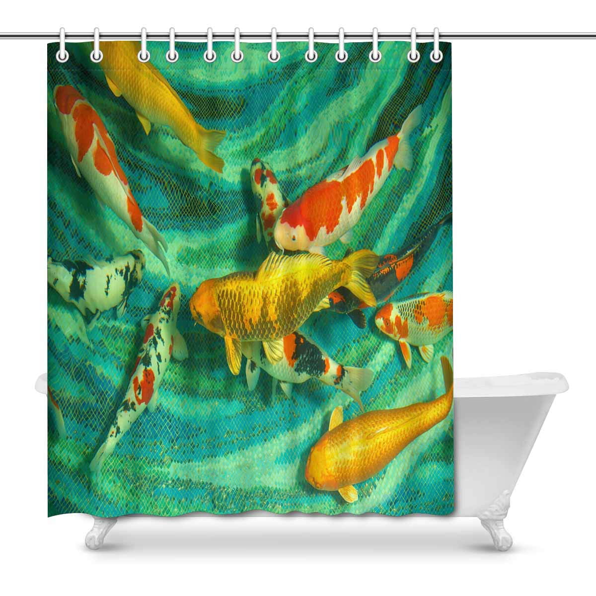 Koi Fish Summer Pond Shower Curtain Waterproof Polyester Fabric Bathroom Mat Set 