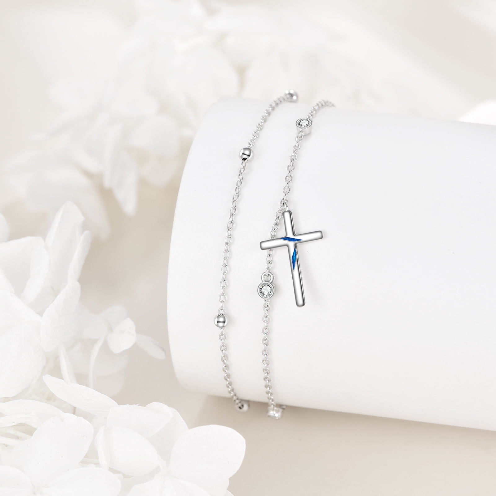 Cross Anklet Sterling Silver Religious Double Chain Anklet Christian Baptism Multi-layer Anklet Jewelry Women's Gift