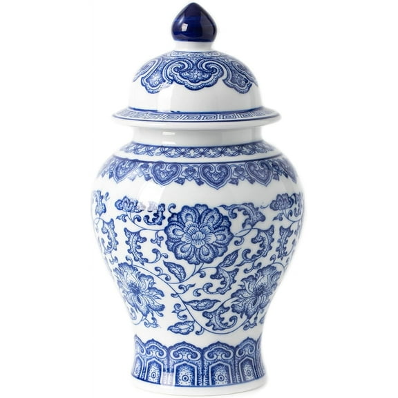 9.8" Decorative Chinoiserie Blue and White Ceramic Jar Vase