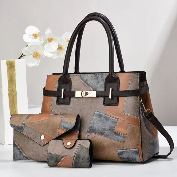 3-in-1 Patchwork Women Handbag Bundle, Vintage Faux Leather Top Handle Satchel, Multi-Piece Shoulder Crossbody Bag Set for Casual & Office Use