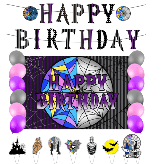 Wednesday Birthday Party Supplies, Cartoon Wednesday Family Party Favors, Cartoon Party Decorations Include Backdrop, Banner,Balloons,Cake Toppers