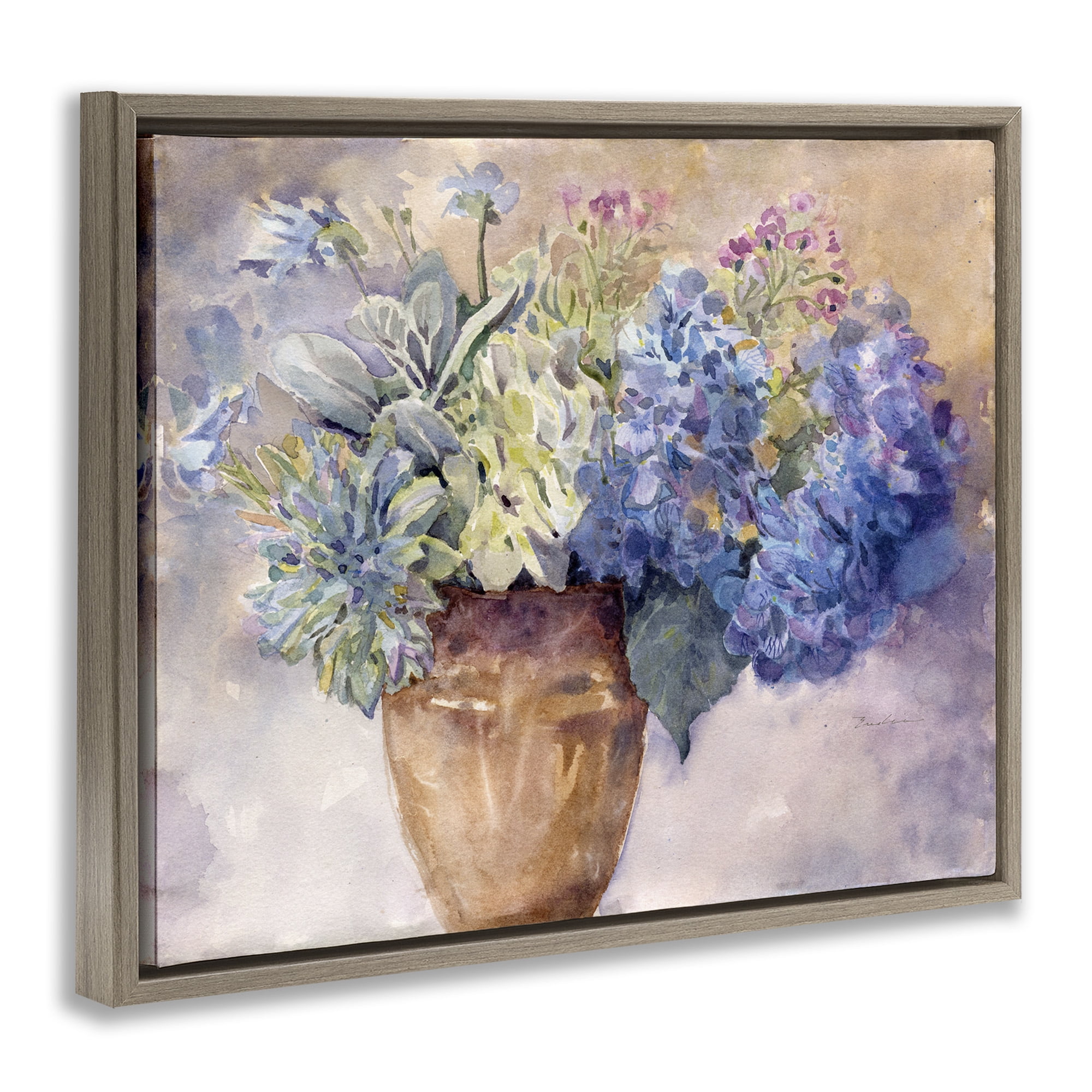 Stupell Industries Purple Hydrangea Painting Botanical & Floral Painting Brown Floater Framed Canvas Art Print Wall Art, 31 x 25