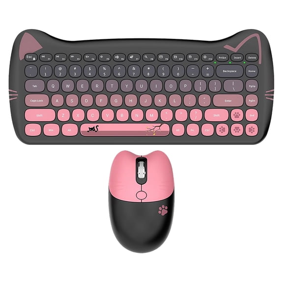 Cute Cat Wireless Keyboard and Mouse Combo with Round Keycaps, 2.4G Silent Cordless with USB Receiver, Auto Sleep Function for PC, Mac, and Laptop