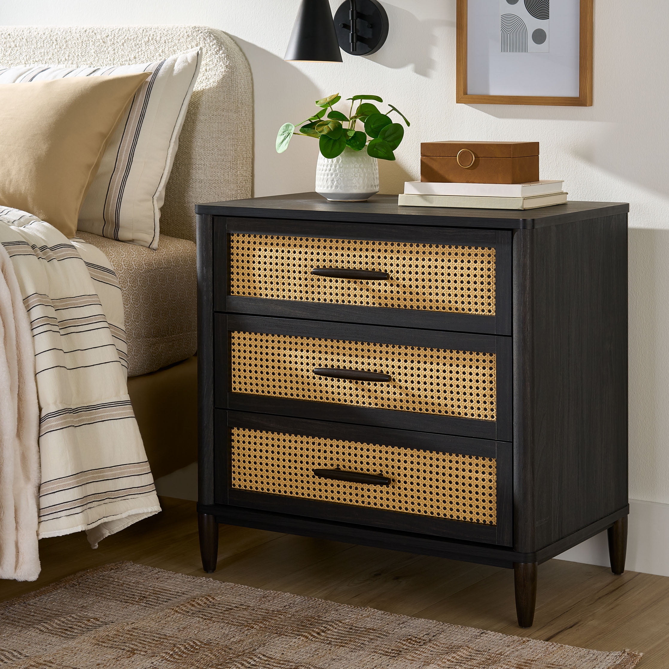 (2 pack) Better Homes & Gardens Springwood Caning 3-Drawer Nightstand with USB, Charcoal