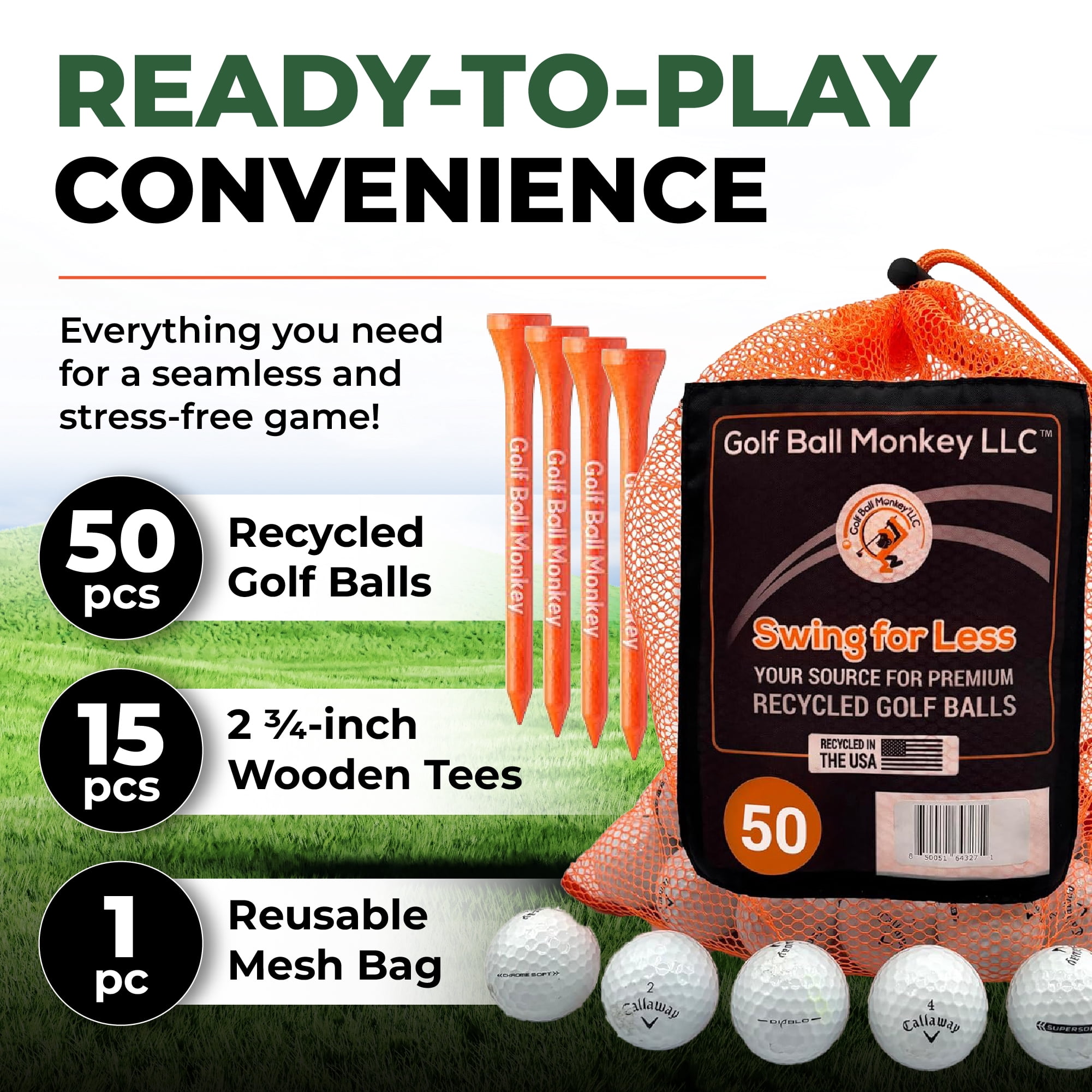 Golf Ball Monkey Cheap Recycled Golf Balls for Callaway 50 Mix White - Good Condition - for Callaway Supersoft, Superhot, Warbirds, Diablo, Chromesoft & Hex Tour Soft w/ Tees and Mesh Bag