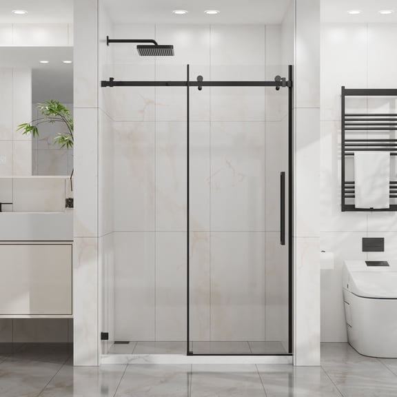 Glass Shower Door, Goodyo 48" W x 72" H Sliding Shower Door, Frameless Sleek Glass Shower Door, 1/4" (6mm) Thick Tempered Clear Glass with Easy-clean Coating, Stainless Steel Hardware, Matte Black