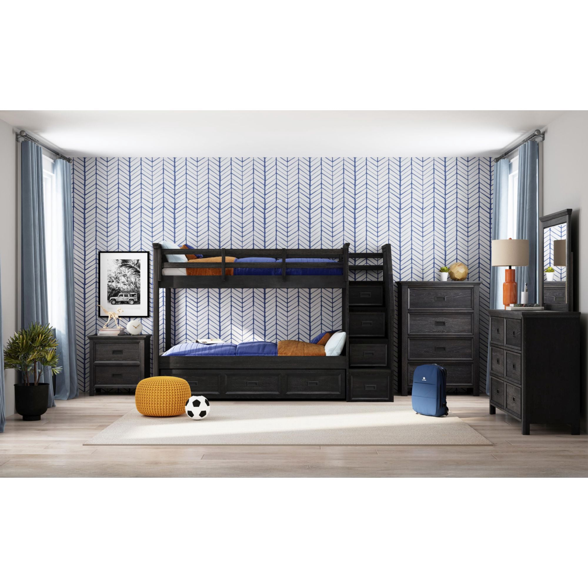 Brooklyn Kids Twin Over Twin Bunk with Staircase and Trundle in Charcoal