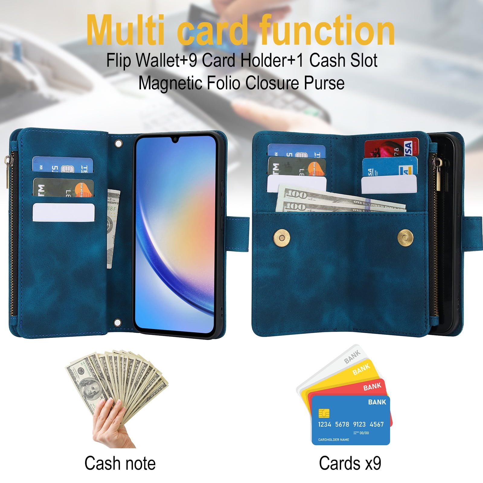 for Samsung Galaxy A16 4G/5G Wallet Case with Card Holder for Women Men, Phone Case RFID Blocking PU Leather Flip Shockproof Cover with Shoulder + Wrist Strap Zipper Credit Card Slots Stand, Blue