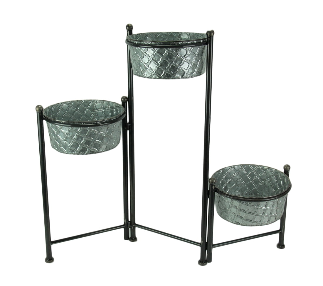 3 Tier Foldable Plant Stand With Galvanized Metal Planters