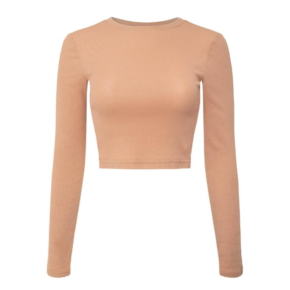 Made by Olivia Women's Solid Long Sleeve Round Neck Ribbed Fitted Crop Top