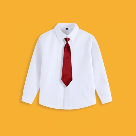 Boys' Long Sleeve Solid Color Dress Shirt with Tie, Breathable Formal Shirt for Daily & Special Occasions, 3-15 Years Red 12-13 Years