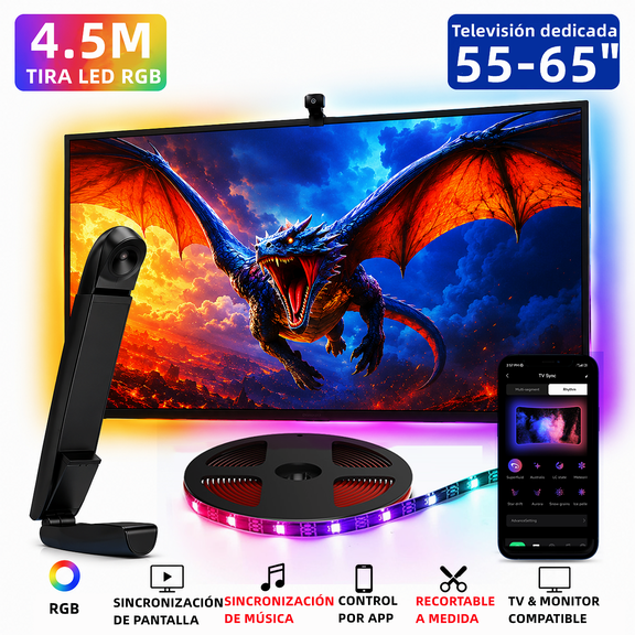 Tira LED RGB para TV de 55-65", Froura 4.5m con Sincronización de Pantalla, Control por App, Sensor Inteligente, Luces para TV y Monitor PC, Gaming, Música y Cine en Casa