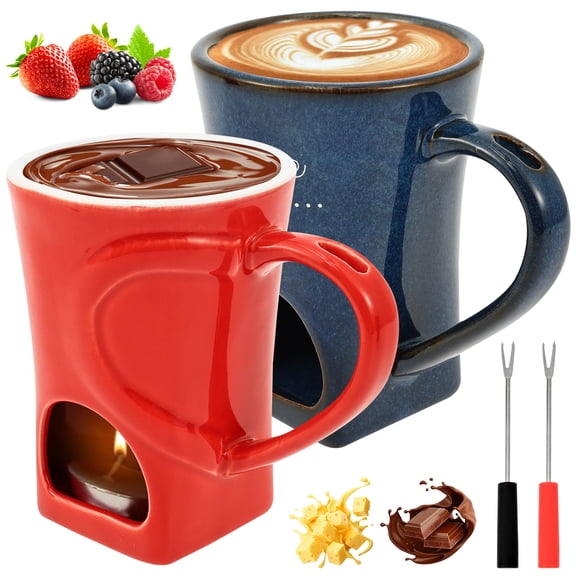 2 Pcs Chocolate Fondue Mug with 2 Fork Chocolate Melt Cup Ceramic Butterwarmer Pot Set Tea Light Heated Fondue Warming Mug for Sweet Snack Caramel Party