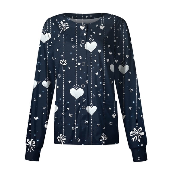 Valentine's Day Nursing Scrub Jacket - Long Sleeve Button Down Heart Print Professional Medical Uniform with Pockets Dark Blue 4XL