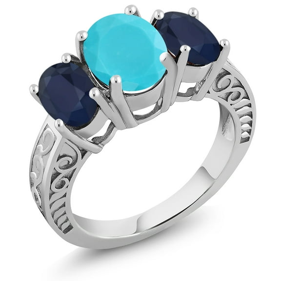 Gem Stone King 3.50 Ct Oval Green Turquoise Blue Sapphire 925 Sterling Silver Ring (Size 8)