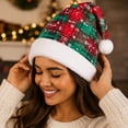 thumbnail image 4 of Lumtrix Christmas Plaid Santa Hat Xmas Men Women Plush White Snowflake Print Hat For Christmas New Year Holiday Party Green One Size, 4 of 5