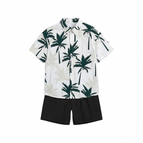 Bysome Boys Outfit Set Tree Print Short Sleeve Lapel Neck T-Shirts With Solid Color Shorts Set Cozy Soft Boys Outfit Size 2-3 Years Green