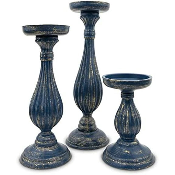 3-Piece Tiered Wood Spindle Candle Holder Set - Navy Blue$$Home Decor, Kitchen, & Other