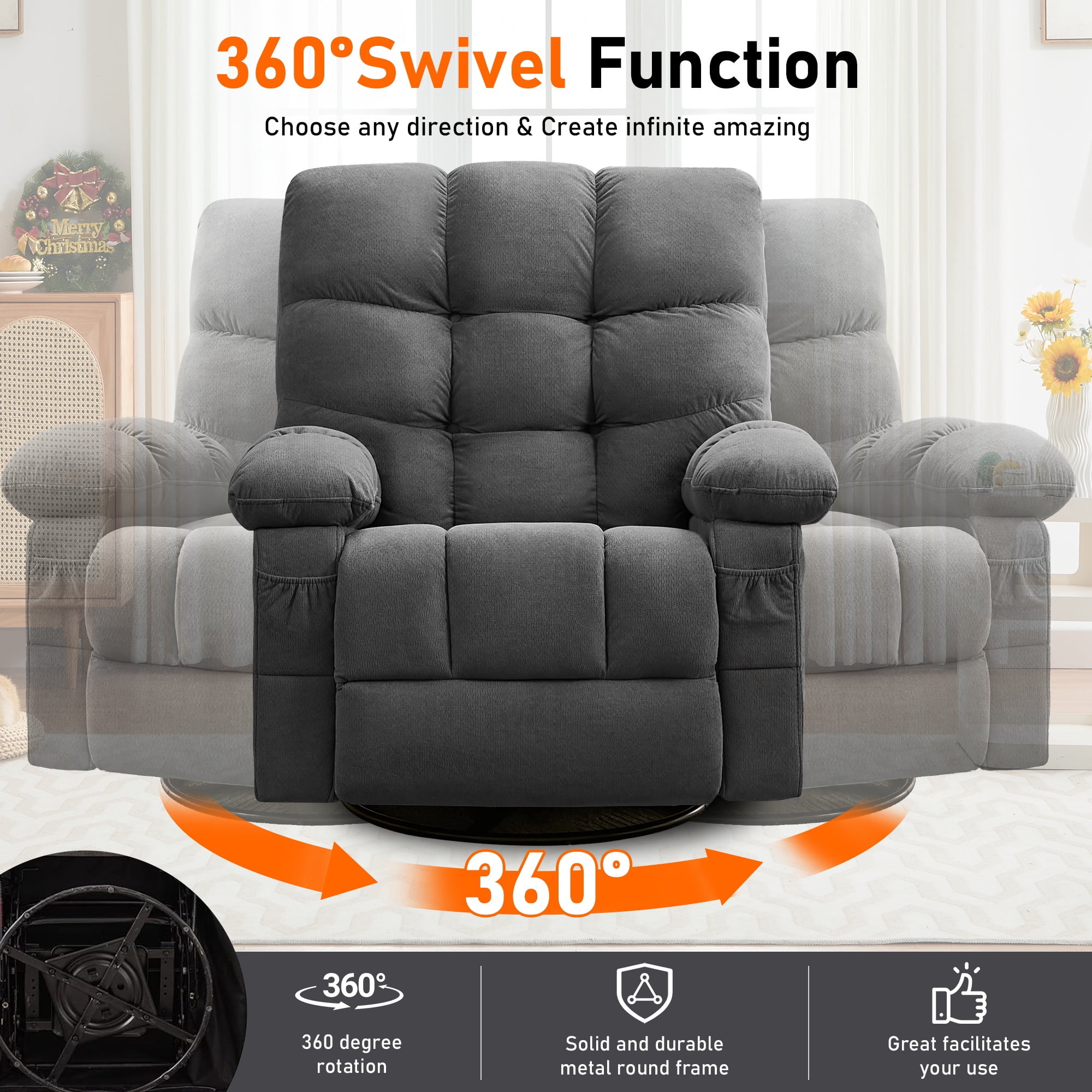 Alvantor Swivel Rocker Recliner Chair with Massage & Heat Single Rocker Sofa with Cup Holders for Bedroom Home Theater Gray