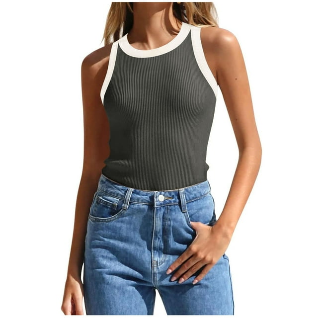 Boovnll Womens Tank Tops, Womens Summer Sleeveless Tank Ribbed High Neck Racerback Fitted Color Block Casual Shirts, Tank Top for Women, Tank Tops, Tank Tops for Women