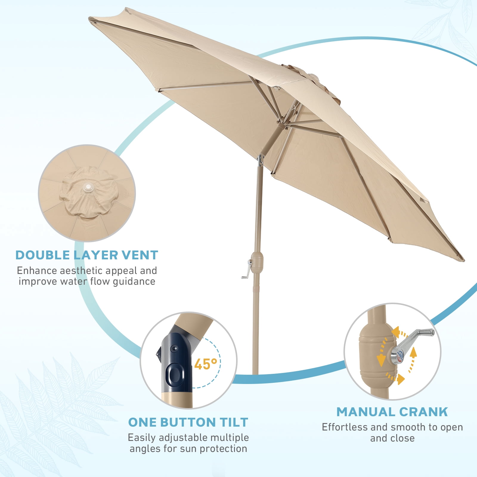 Aoodor 9FT Outdoor Patio Umbrella, Market Table Umbrella with 8 Steel Ribs and Push Button Tilt Crank, Khaki
