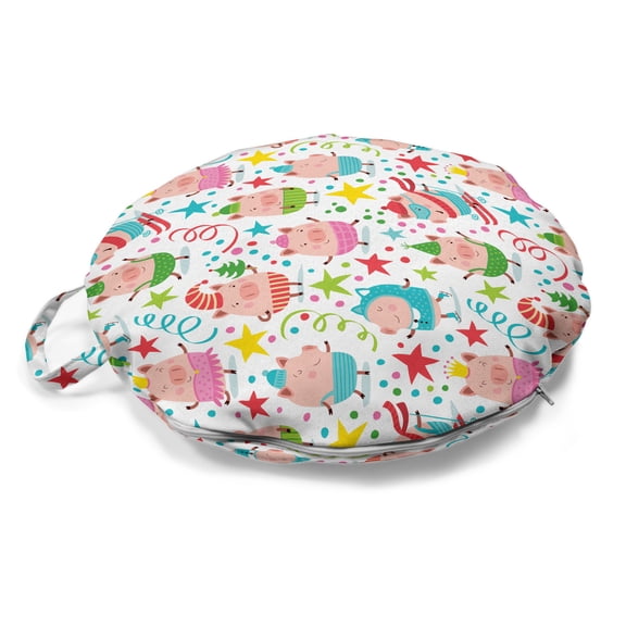 Birthday Party Round Floor Cushion with Handle, Christmas Themed Piglets Stars Polka Dots Winter Holiday Season Layout, Decorative Pillow for Living Room & Dorms, 18" Round, Multicolor, by Ambesonne