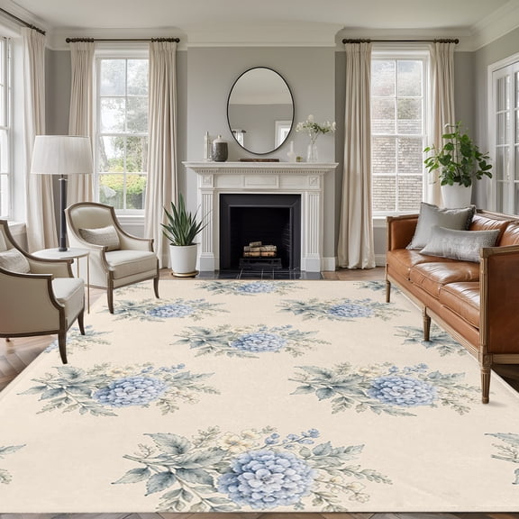 Blue Flowers 5'x7' Area Rug, Vintage Botanical Floral Eucalyptus Leaves Washable Non-Slip Soft Rugs, Low-Pile Large Carpet for Living Room Bedroom Dining Room, Non-Shedding Accent Rug