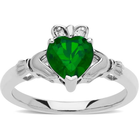 Created Emerald Claddaugh Ring with Diamond Accents in Sterling Silver, Size 7